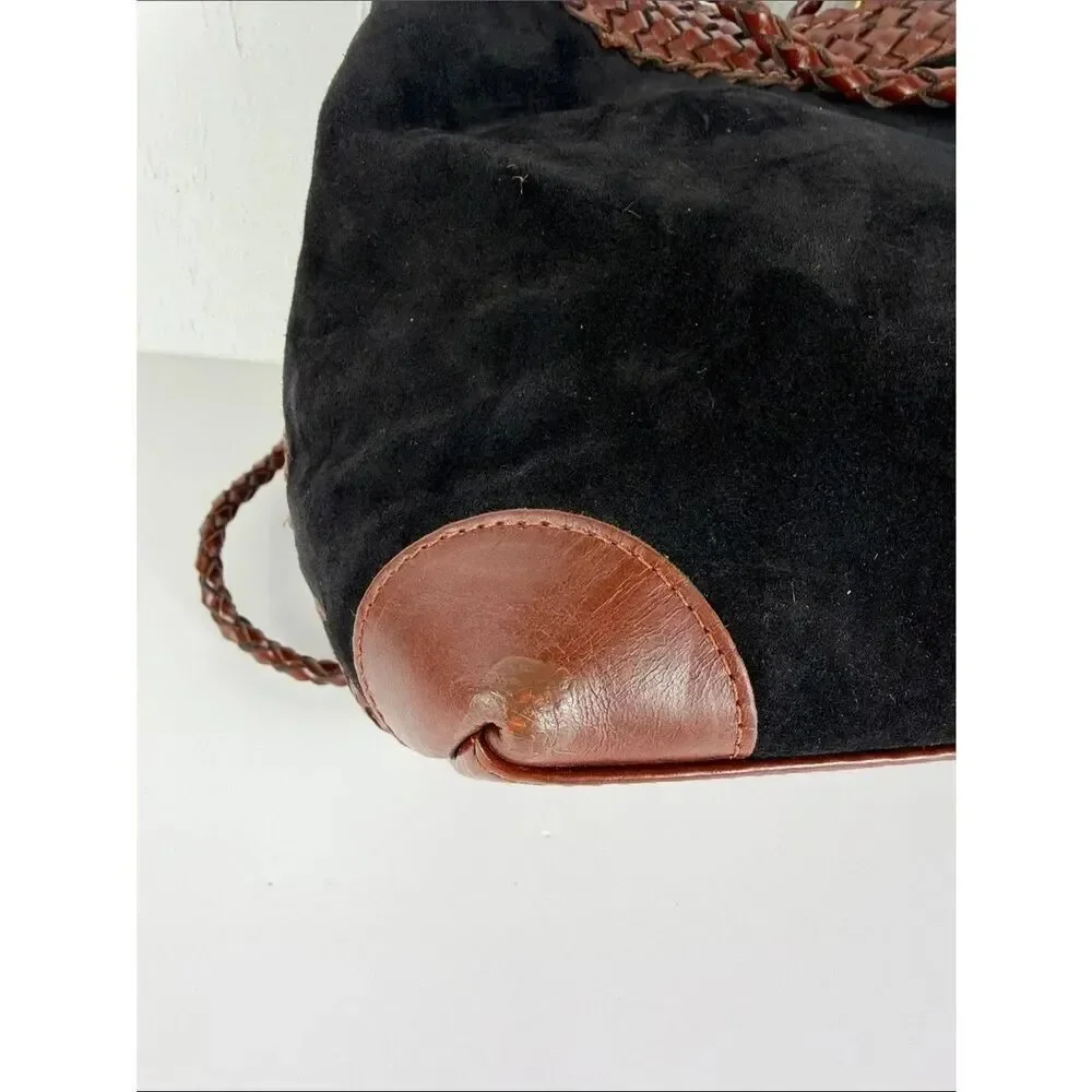 LJS Collection Black Suede Brown Leather Braided Shoulder Bag Vintage